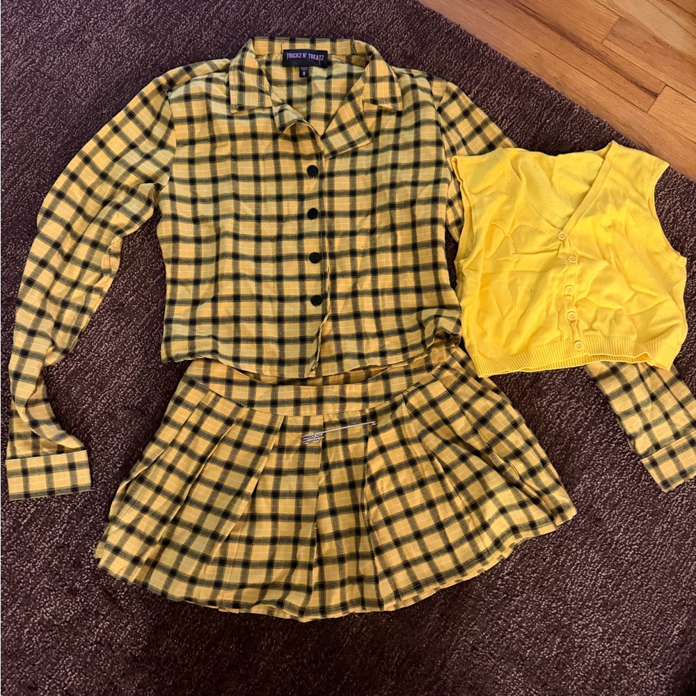 Yellow Plaid Skirt Set with Crop Top
